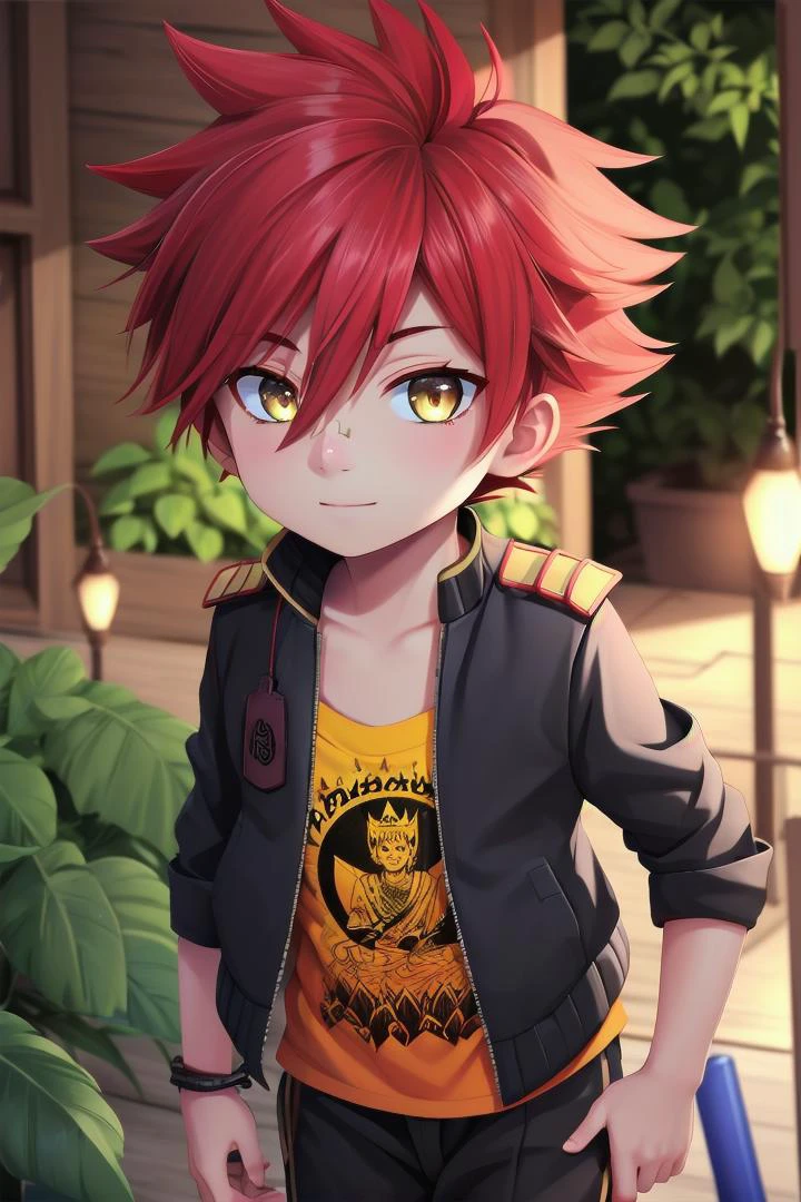 The soft lighting and detailed surroundings create an immersive environment where imagination runs wild
<lora:aizen-000007:0.7> 1boy, petitie, male focus, yellow_shirt, jacket, (bandaid on nose:0.5), aizen kunitoshi, red hair, spiky hair, yellow eyes, soft smile,young, juvenile, boy,
sparkling eyes, energetic eyes