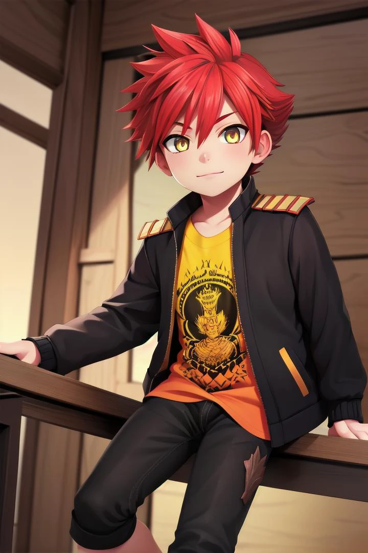 The soft lighting and detailed surroundings create an immersive environment where imagination runs wild
<lora:aizen-000007:0.7> 1boy, petitie, male focus, yellow_shirt, jacket, (bandaid on nose:0.5), aizen kunitoshi, red hair, spiky hair, yellow eyes, soft smile,young, juvenile,