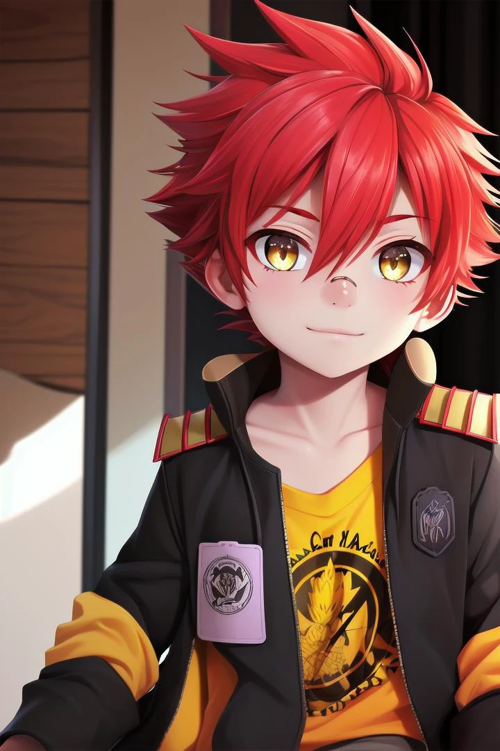 The soft lighting and detailed surroundings create an immersive environment where imagination runs wild
<lora:aizen-000007:0.7> 1boy, petitie, male focus, yellow_shirt, jacket, (bandaid on nose:0.5), aizen kunitoshi, red hair, spiky hair, yellow eyes, soft smile,young, juvenile, boy,
sparkling eyes, energetic eyes