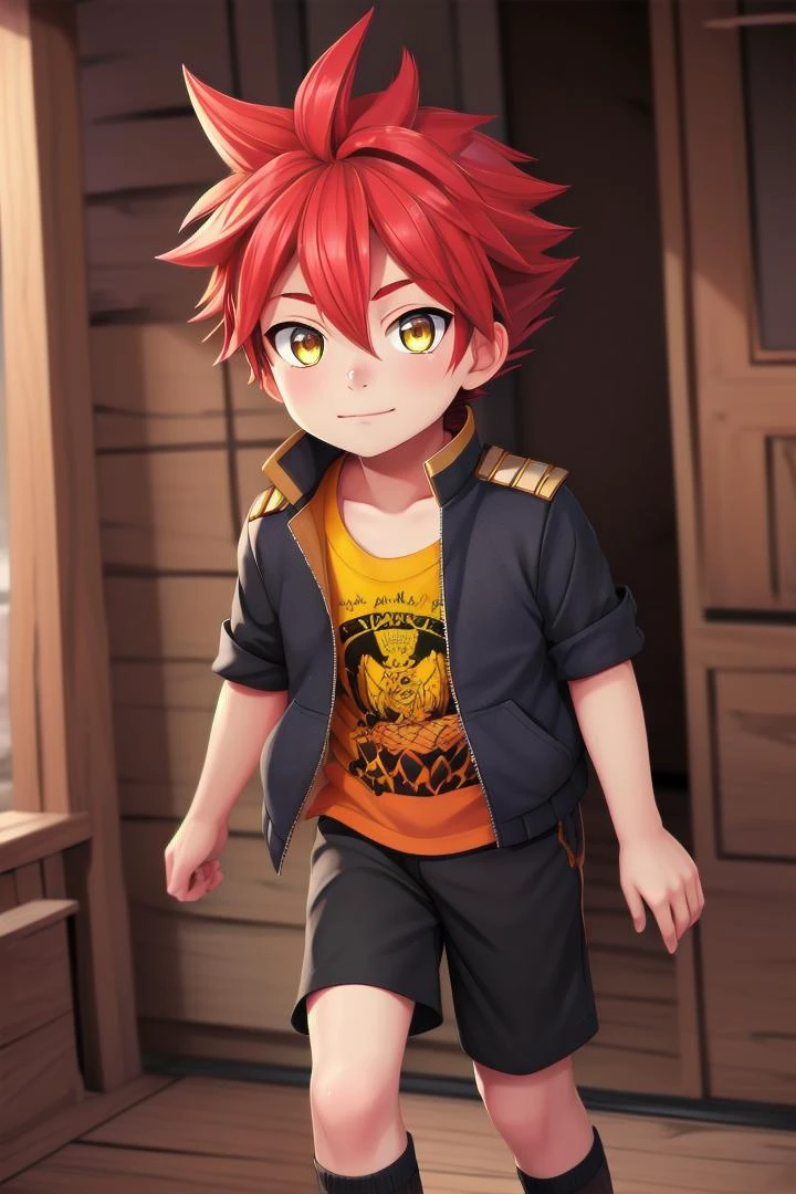 The soft lighting and detailed surroundings create an immersive environment where imagination runs wild
<lora:aizen-000007:0.7> 1boy, petitie, male focus, yellow_shirt, jacket, (bandaid on nose:0.5), aizen kunitoshi, red hair, spiky hair, yellow eyes, soft smile,young, juvenile, boy,
sparkling eyes, energetic eyes