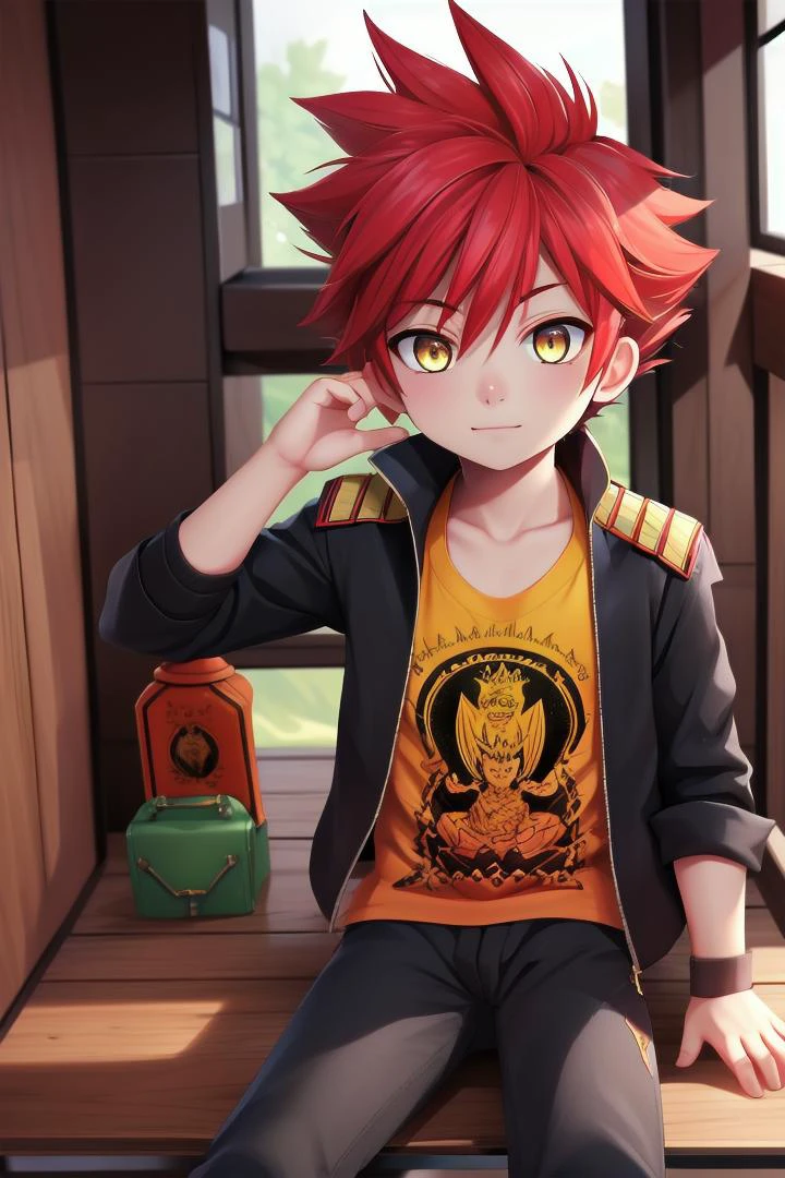 The soft lighting and detailed surroundings create an immersive environment where imagination runs wild
<lora:aizen-000007:0.7> 1boy, petitie, male focus, yellow_shirt, jacket, (bandaid on nose:0.5), aizen kunitoshi, red hair, spiky hair, yellow eyes, soft smile,young, juvenile,