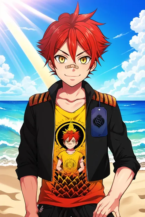 1boy,  male focus, yellow_shirt, jacket, bandaid,  bandaid on nose,  aizen kunitoshi, red hair, (spiky hair:0.7),  , yellow eyes, soft smile, bright detailed background, beach,  ray tracing , god rays, waves, sand, standing,<lora:aizen-000007:0.8>,