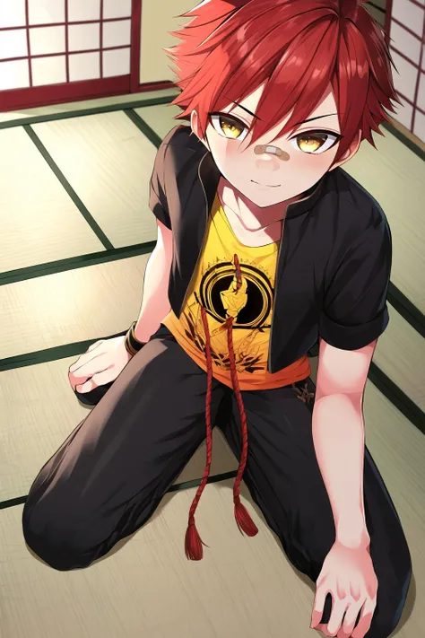 1boy, male focus, yellow_shirt, jacket, bandaid, bandaid on nose, aizen kunitoshi, red hair, (spiky hair:0.7), , yellow eyes, soft smile, inside a dojo, tatami mats, bright detailed background, kneeling, <lora:aizen-000007:0.8>,