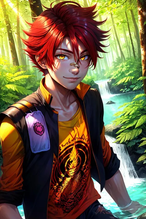 1boy,  male focus, yellow_shirt, jacket, bandaid,  bandaid on nose,  aizen kunitoshi, red hair, (spiky hair:0.7),  , yellow eyes, soft smile, bright detailed background,  ray tracing , god rays, forest, fern trees in the background, water fall, standing,<lora:aizen-000007:0.8>,