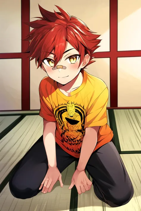 1boy,  male focus, yellow_shirt, jacket, bandaid,  bandaid on nose,  aizen kunitoshi, red hair, (spiky hair:0.7),  , yellow eyes, soft smile, inside a dojo, tatami mats, bright detailed background, kneeling, <lora:aizen-000007:0.8>,