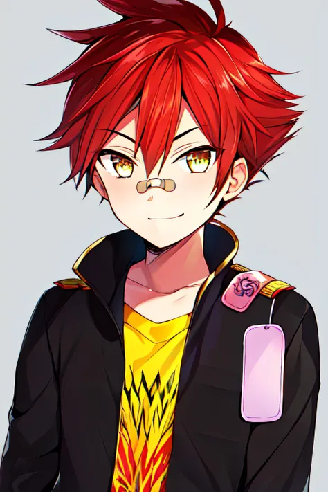 1boy, male focus, yellow_shirt, jacket, bandaid, bandaid on nose, aizen kunitoshi, red hair, (spiky hair:0.7) , yellow eyes, soft smile, bright detailed background, half body, (grey background), <lora:aizen-000007:0.8>,