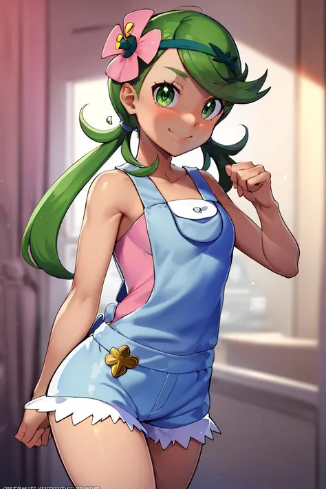 <lora:twistedscarlett60_style:0.8>,((masterpiece,best quality)), absurdres, <lora:Mallow-10:0.8>, mallow, pink shirt, grey shorts, grey overalls, smile, trial badge, hairband, hair flower, green eyes, solo, smiling, looking at viewer, cowboy shot, cinematic composition,