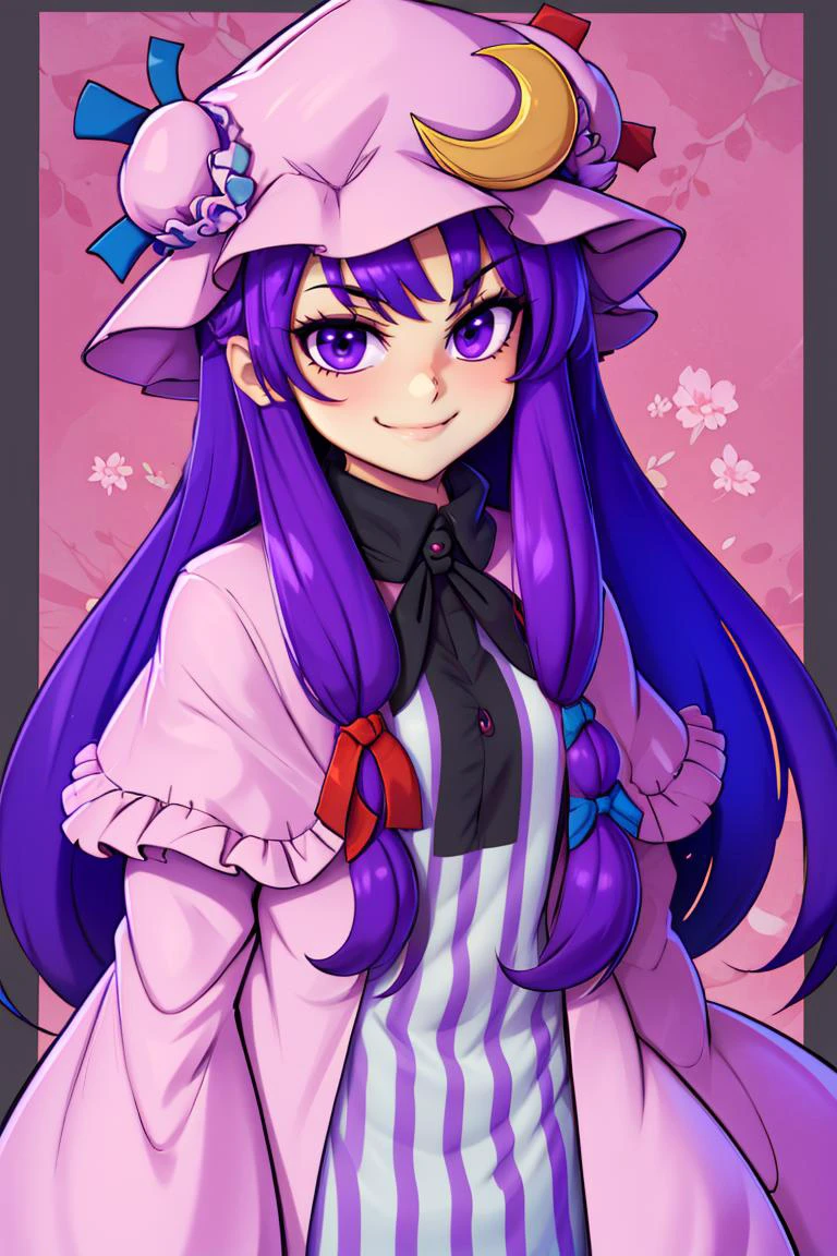 ((best quality)),
1girl, (purple hair, purple eyes:1), long hair, mob cap,crescent hat ornament, ribbon,dress, <lora:patchouli:1>, smile, smug,
<lora:twistedscarlett60_style:0.8>,
