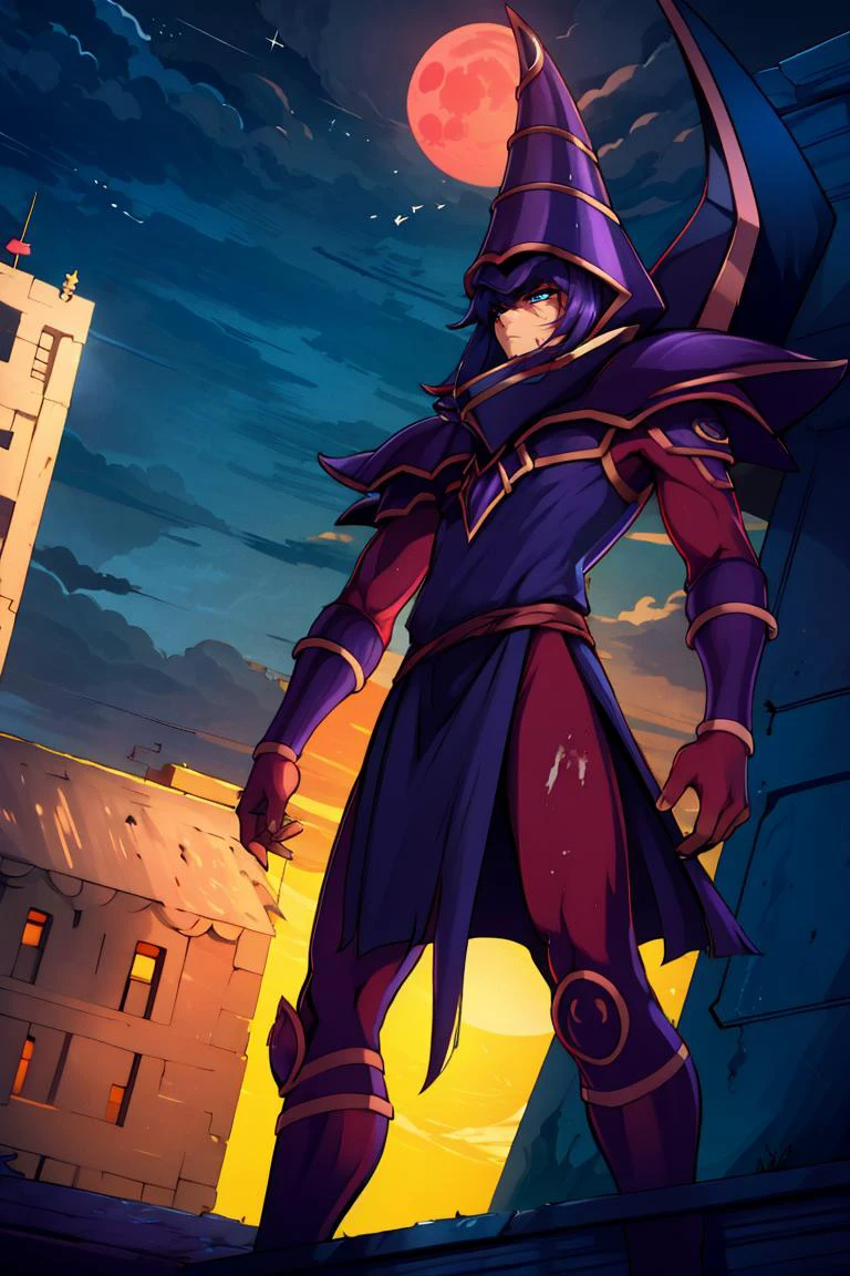 <lora:twistedscarlett60_style:0.8>, ((masterpiece,best quality)), absurdres, <lora:ygo_dark_magician:0.8> ygodm, 1man, armor, robe, helmet, purple hair, blue eyes, standing, rooftop, skyscraper, from below, silhouette, against the light, night, bloodmoon, from a distance