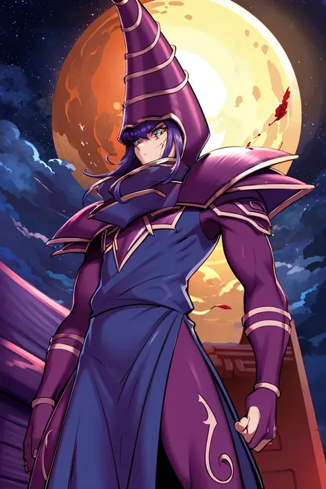 <lora:twistedscarlett60_style:0.8>, ((masterpiece,best quality)), absurdres, <lora:ygo_dark_magician:1> ygodm, 1man, armor, robe, helmet, purple hair, blue eyes, standing, rooftop, skyscraper, from below, silhouette, against the light, night, bloodmoon, from a distance