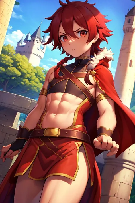 <lora:twistedscarlett60_style:0.8>, ((masterpiece,best quality)), absurdres, <lora:alexanderfgo:0.7>, alexanderfgo, 1boy, navel, stomach, waist cape, red cape, off the shoulder, pelvic curtain, palace background, from above, dutch angle, looking down on viewer, castle, cowboy shot, silhouette, serious