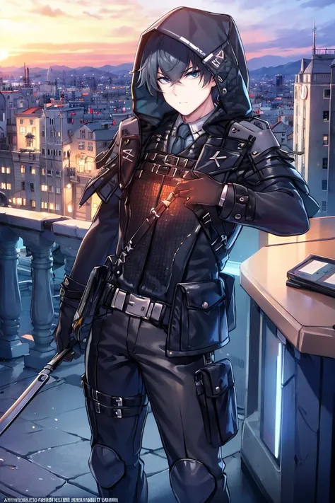 <lora:twistedscarlett60_style:0.8>, ((masterpiece,best quality)), absurdres, <lora:counterside_curian:0.85> gerardcurian, 1boy, hood, jacket, necktie, gloves, adult, looking at viewer, city background, police, detective office, hard light, solo, focus