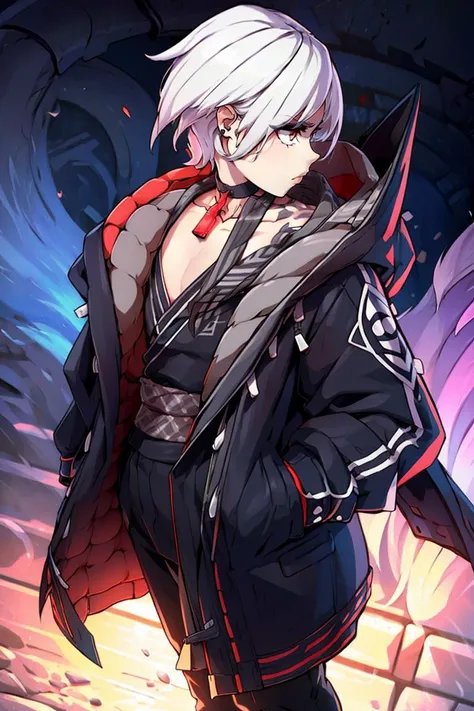 <lora:twistedscarlett60_style:0.8>, (best quality, masterpiece:1.5), (1boy, solo:1.1), <lora:e7Haste-07:.8>, hooded_jacket, choker, boots, pants, white hair, short hair, profile, serious, red jewelry, cowboy shot,