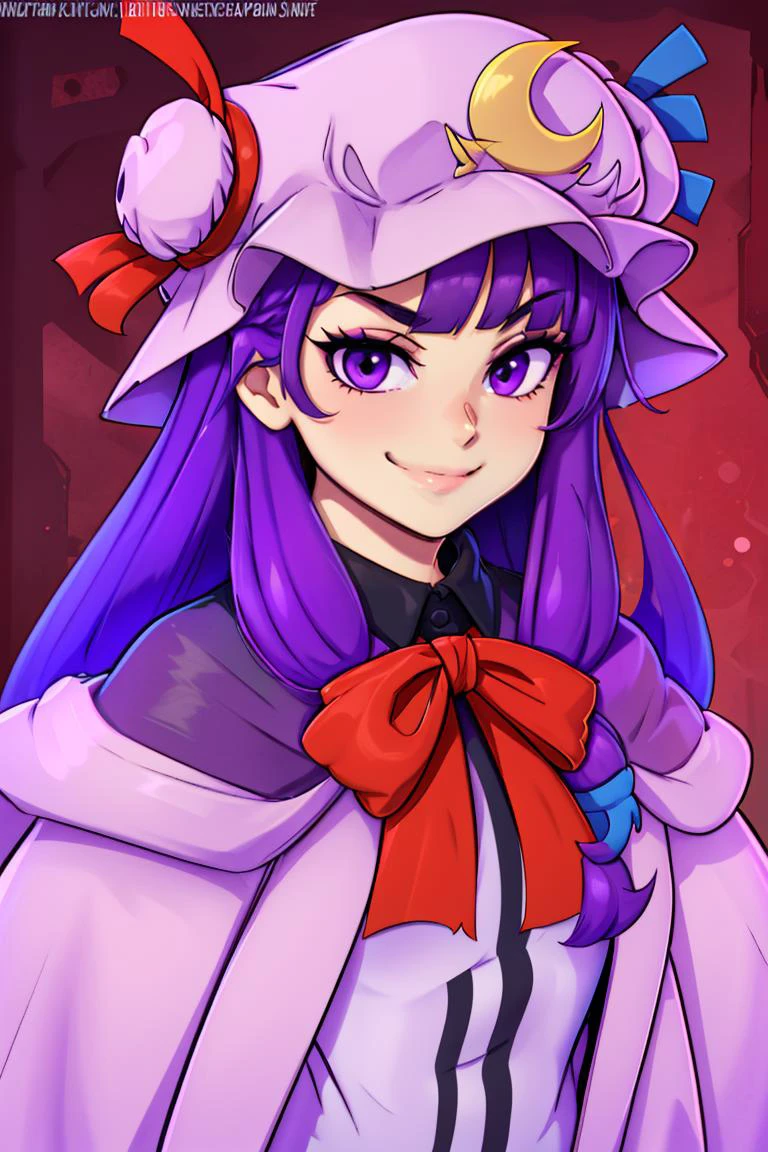 ((best quality)),
1girl, (purple hair, purple eyes:1), long hair, mob cap,crescent hat ornament, ribbon,dress, <lora:patchouli:1>, smile, smug,
<lora:twistedscarlett60_style:0.8>,