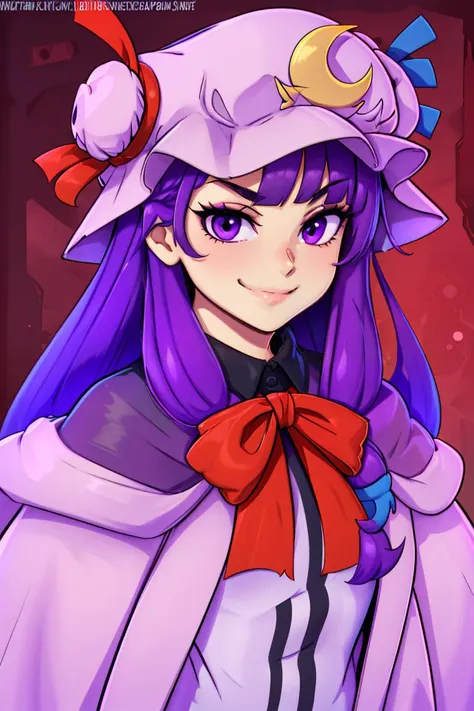 ((best quality)),
1girl, (purple hair, purple eyes:1), long hair, mob cap,crescent hat ornament, ribbon,dress, <lora:patchouli:1>, smile, smug, 
<lora:twistedscarlett60_style:0.8>,