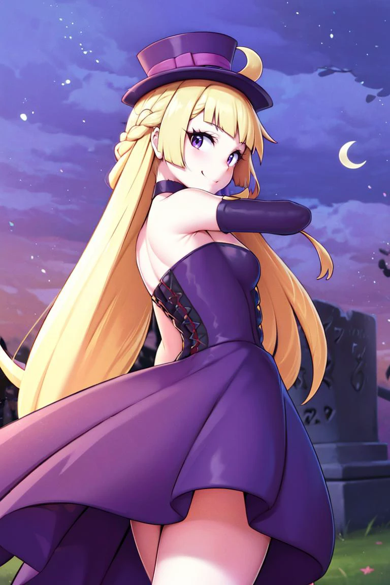 <lora:twistedscarlett60_style:0.8>,centered, award winning photo, (looking at viewer:1.2), | Haunter_Pokemon, floating | crescent moon, graveyard, | bokeh, depth of field, cinematic composition, | <lora:Haunter_Pokemon_Anime:0.9>, 1girl, purple eyes, smile, very long hair, blonde hair, long blonde hair,( french braid:1.1), bangs, medium breasts, hair ribbon, frilled choker, criss-cross halter, (purple dress dress:1.1), sleeveless dress, high-waist skirt, backless dress, waist bow, black detached sleeves, frilled sleeves, small top hat,