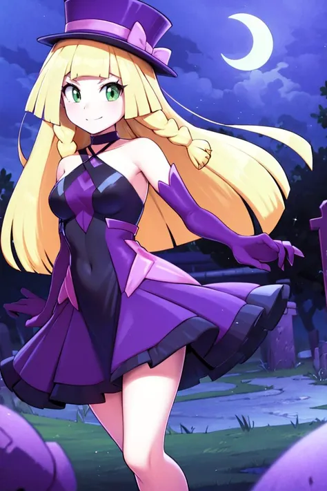 <lora:twistedscarlett60_style:0.8>,centered, award winning photo, (looking at viewer:1.2), | Haunter_Pokemon, floating  | crescent moon, graveyard, | bokeh, depth of field, cinematic composition, | <lora:Haunter_Pokemon_Anime:0.9>,  aalillie, 1girl, green  eyes, smile, very long hair, blonde hair, long blonde hair, (braid:1.1), bangs, medium breasts, hair ribbon, frilled choker, criss-cross halter, (purple dress dress:1.1), sleeveless dress, high-waist skirt, backless dress, waist bow, black detached sleeves, frilled sleeves, small top hat, <lora:lillie_(pokemon)_v1:0.7>,