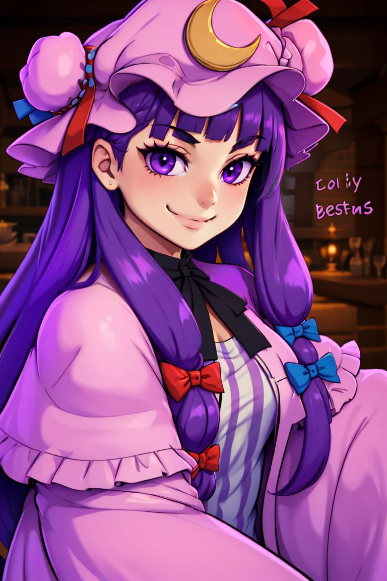 ((best quality)),
1girl, (purple hair, purple eyes:1), long hair, mob cap,crescent hat ornament, ribbon,dress, <lora:patchouli:1>, smile, smug,
<lora:twistedscarlett60_style:0.8>,