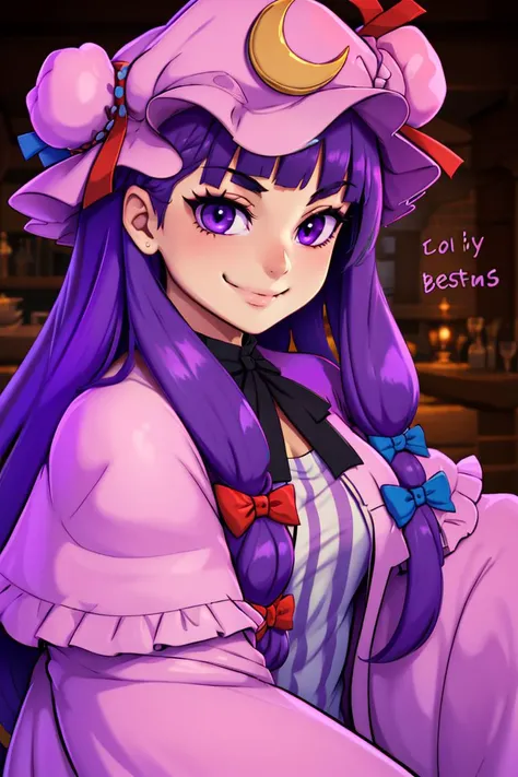 ((best quality)),
1girl, (purple hair, purple eyes:1), long hair, mob cap,crescent hat ornament, ribbon,dress, <lora:patchouli:1>, smile, smug, 
<lora:twistedscarlett60_style:0.8>,