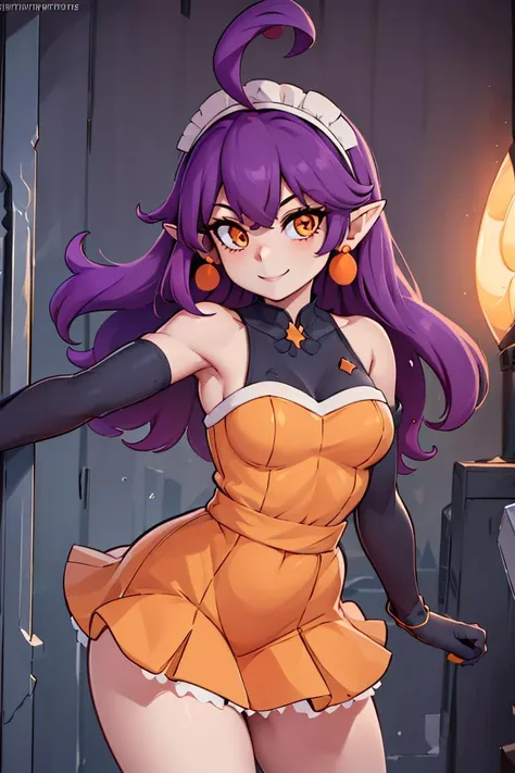 <lora:twistedscarlett60_style:0.8>,((masterpiece,best quality)), absurdres, <lora:Stardust_Pumpkins_Citron_OC_Anime:0.8>, Stardust_Pumpkins_Citron_OC,  1girl, solo, long purple hair,  orange eyes, ahoge, pointy ears, orange dress, elbow gloves,  shoulders, maid headdress, jewelry, earrings,  solo, smiling, looking at viewer, cowboy shot,  cinematic composition,  , contrapposto,