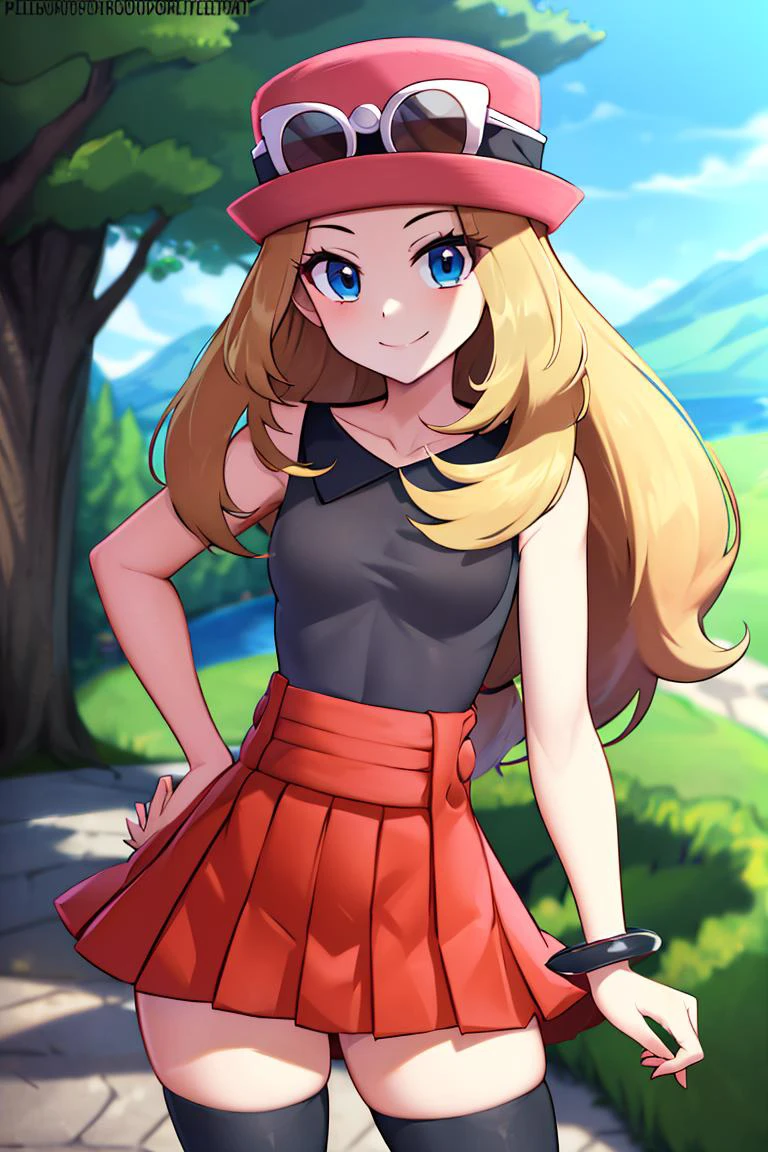 <lora:twistedscarlett60_style:0.8>,((masterpiece,best quality)), absurdres, <lora:serena_v1:0.7>, serena \(pokemon\), 1girl, long hair, blue eyes, thighhighs, long hair, hat, jewelry, bracelet, black thighhighs, collared shirt, pleated skirt, red skirt, sleeveless, high-waist skirt, sleeveless shirt, eyelashes, pink headwear, black shirt, eyewear on headwear, solo, smiling, looking at viewer, cowboy shot, cinematic composition, contrapposto,