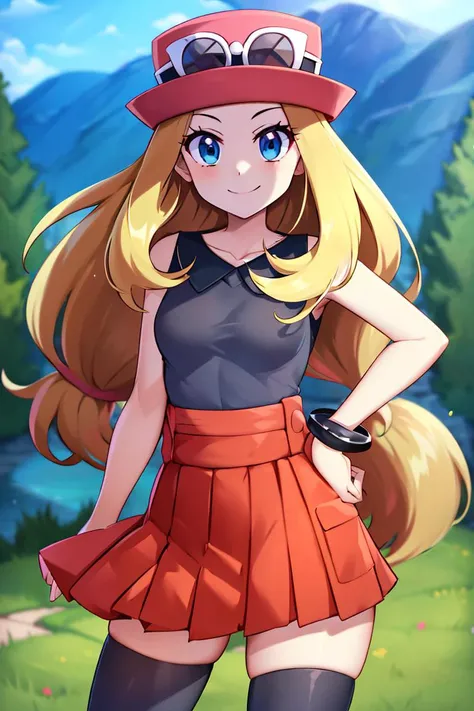 <lora:twistedscarlett60_style:0.8>,((masterpiece,best quality)), absurdres, <lora:serena_v1:0.7>, serena \(pokemon\), 1girl, long hair, blue eyes, thighhighs, long hair, hat, jewelry, bracelet, black thighhighs, collared shirt, pleated skirt, red skirt, sleeveless, high-waist skirt, sleeveless shirt, eyelashes, pink headwear, black shirt, eyewear on headwear, solo, smiling, looking at viewer, cowboy shot, cinematic composition, contrapposto,