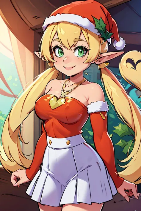 <lora:twistedscarlett60_style:0.8>,((masterpiece,best quality)), absurdres, <lora:Klee_Adult_Christmas:0.8>, Klee_Adult_Christmas, pointy ears, green eyes, santa hat, mistletoe on hat, red shirt, bare shoulders, detached red sleeves, blonde, heart necklace, jewelry, twintails, white skirt, solo, smiling, looking at viewer, cowboy shot,