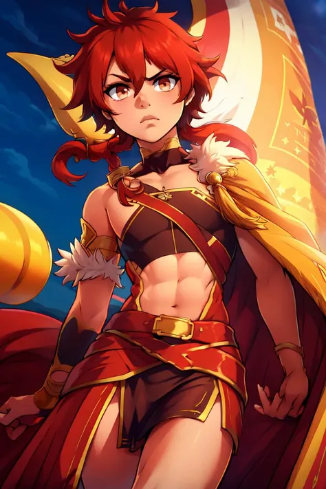 <lora:twistedscarlett60_style:0.8>, ((masterpiece,best quality)), absurdres, <lora:alexanderfgo:0.7>, alexanderfgo, 1boy, navel, stomach, waist cape, red cape, off the shoulder, pelvic curtain, palace background, from above, dutch angle, looking down on viewer, castle, cowboy shot, silhouette, serious