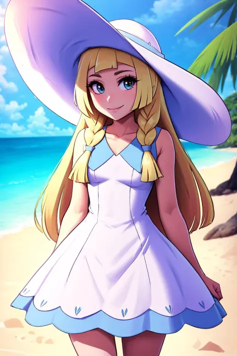 <lora:twistedscarlett60_style:0.8>,masterpiece, best quality, highres, aalillie, long hair, braid, sun hat, white headwear, collarbone, sleeveless dress, white dress, <lora:lillie_(pokemon)_v1:0.7>, smile, outdoors, tropical beach, cowboy shot, standing