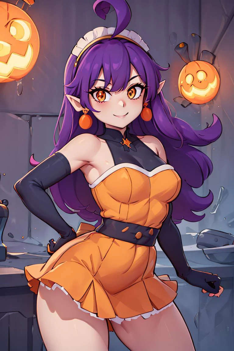 <lora:twistedscarlett60_style:0.8>,((masterpiece,best quality)), absurdres, <lora:Stardust_Pumpkins_Citron_OC_Anime:0.8>, Stardust_Pumpkins_Citron_OC, 1girl, solo, long purple hair, orange eyes, ahoge, pointy ears, orange dress, elbow gloves, bare shoulders, maid headdress, jewelry, earrings, solo, smiling, looking at viewer, cowboy shot, cinematic composition, , contrapposto,