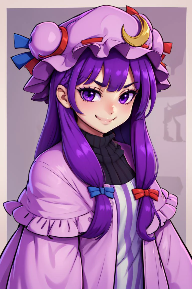 ((best quality)),
1girl, (purple hair, purple eyes:1), long hair, mob cap,crescent hat ornament, ribbon,dress, <lora:patchouli:1>, smile, smug,
<lora:twistedscarlett60_style:0.8>,