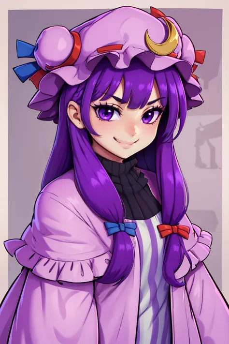 ((best quality)),
1girl, (purple hair, purple eyes:1), long hair, mob cap,crescent hat ornament, ribbon,dress, <lora:patchouli:1>, smile, smug, 
<lora:twistedscarlett60_style:0.8>,