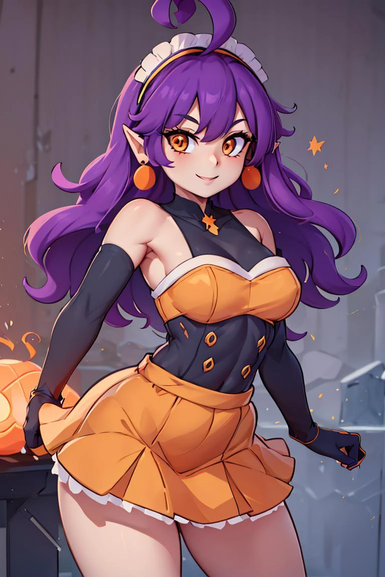 <lora:twistedscarlett60_style:0.8>,((masterpiece,best quality)), absurdres, <lora:Stardust_Pumpkins_Citron_OC_Anime:0.8>, Stardust_Pumpkins_Citron_OC, 1girl, solo, long purple hair, orange eyes, ahoge, pointy ears, orange dress, elbow gloves, bare shoulders, maid headdress, jewelry, earrings, solo, smiling, looking at viewer, cowboy shot, cinematic composition, , contrapposto,