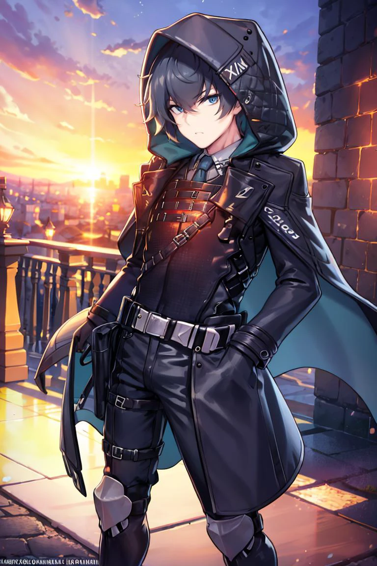 <lora:twistedscarlett60_style:0.8>, ((masterpiece,best quality)), absurdres, <lora:counterside_curian:0.85> gerardcurian, 1boy, hood, jacket, necktie, gloves, adult, looking at viewer, city background, police, detective office, hard light, solo, focus
