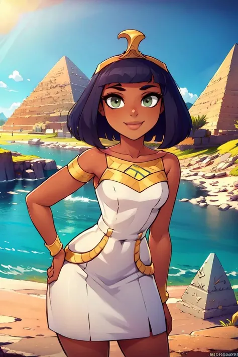 <lora:twistedscarlett60_style:0.8>,((masterpiece, best quality)), <lora:CleopatraLora-10:0.7>, dark skin, Cleopatra, white dress, smile, tiara, desert, pyramid \(structure\), contrapposto