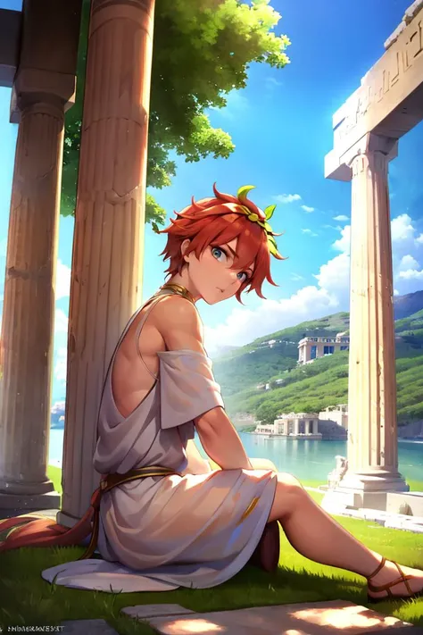 <lora:twistedscarlett60_style:0.8>, ((masterpiece,best quality)), absurdres, <lora:alexanderfgo:0.7>, alexanderfgo, 1boy, white greek tunic, leaf crown, white tunic, sitting down, looking at viewer, from side, greek temple, lake,
