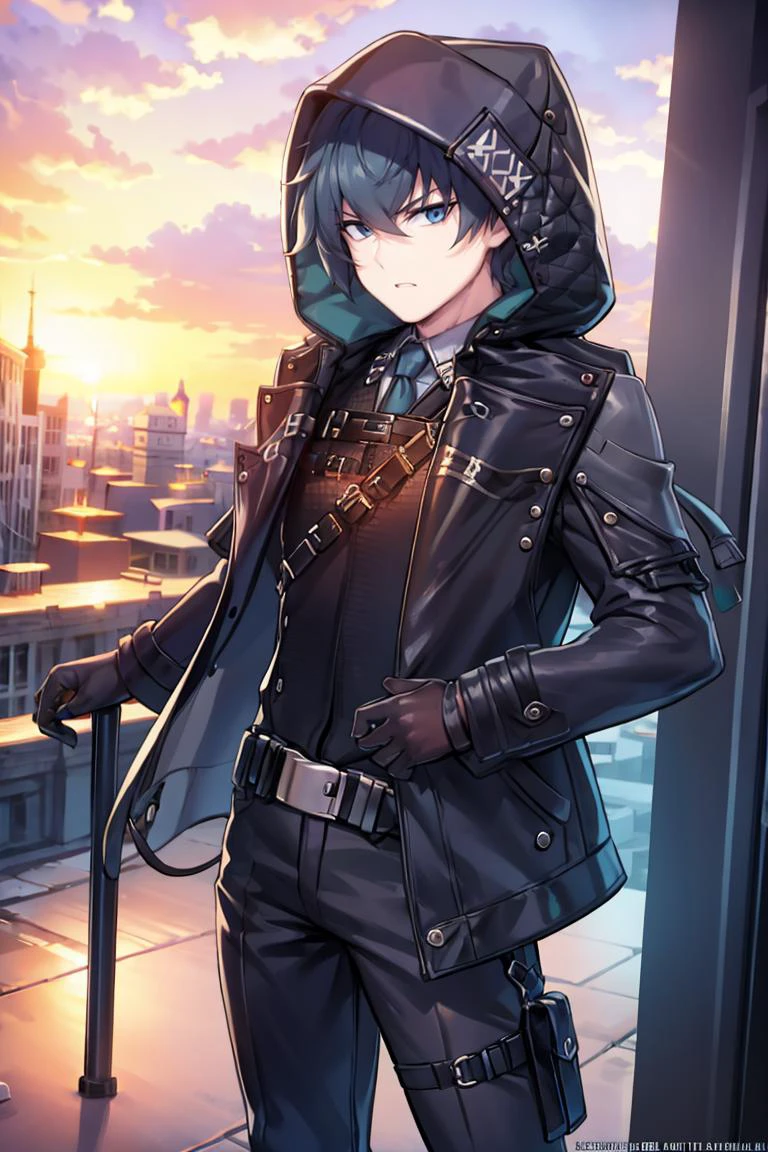 <lora:twistedscarlett60_style:0.8>, ((masterpiece,best quality)), absurdres, <lora:counterside_curian:0.85> gerardcurian, 1boy, hood, jacket, necktie, gloves, adult, looking at viewer, city background, police, detective office, hard light, solo, focus