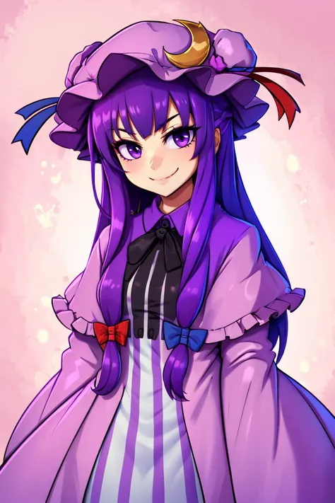 ((best quality)),
1girl, (purple hair, purple eyes:1), long hair, mob cap,crescent hat ornament, ribbon,dress, <lora:patchouli:1>, smile, smug,
<lora:twistedscarlett60_style:0.8>,