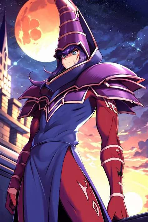 <lora:twistedscarlett60_style:0.8>, ((masterpiece,best quality)), absurdres, <lora:ygo_dark_magician:1> ygodm, 1man, armor, robe, helmet, purple hair, blue eyes, standing, rooftop, skyscraper, from below, silhouette, against the light, night, bloodmoon, from a distance