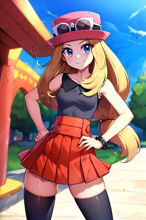<lora:twistedscarlett60_style:0.8>,((masterpiece,best quality)), absurdres, <lora:serena_v1:0.7>, serena \(pokemon\), 1girl, long hair, blue eyes, thighhighs, long hair, hat, jewelry, bracelet, black thighhighs, collared shirt, pleated skirt, red skirt, sleeveless, high-waist skirt, sleeveless shirt, eyelashes, pink headwear, black shirt, eyewear on headwear, solo, smiling, looking at viewer, cowboy shot, cinematic composition, contrapposto,
