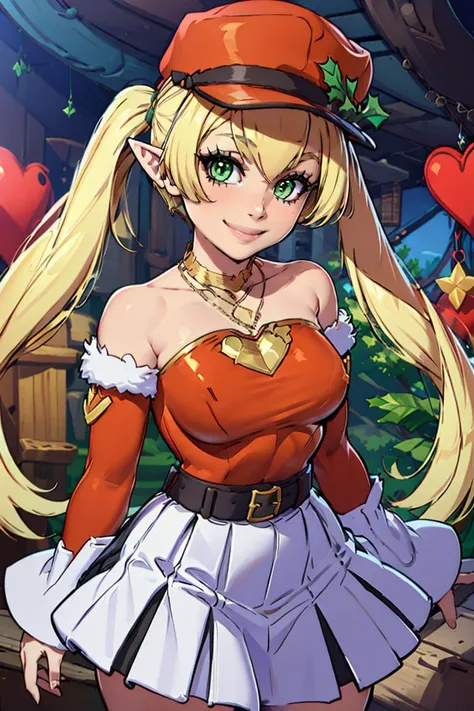 <lora:twistedscarlett60_style:0.8>,((masterpiece,best quality)), absurdres, <lora:Klee_Adult_Christmas:0.8>, Klee_Adult_Christmas, pointy ears, green eyes, santa hat, mistletoe on hat, red shirt, bare shoulders, detached red sleeves, blonde, heart necklace, jewelry, twintails, white skirt, solo, smiling, looking at viewer, cowboy shot,