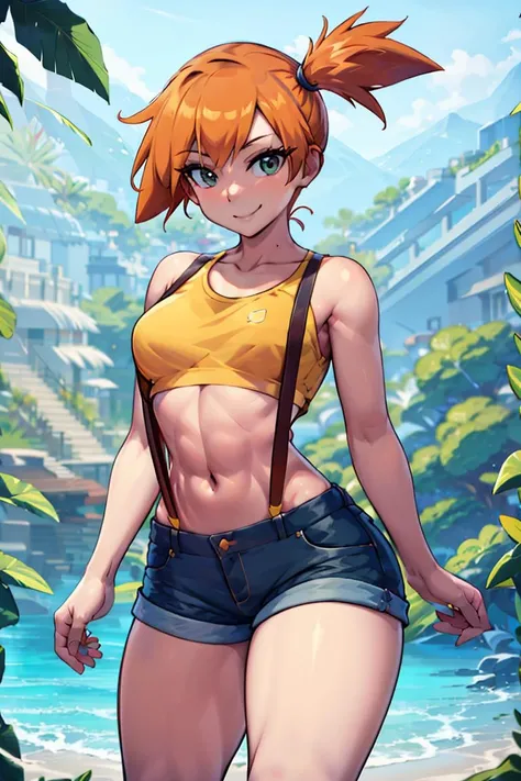 ((masterpiece,best quality)), absurdres,
Misty_Pokemon, yellow crop top, suspenders, side ponytail, orange hair, denim shorts,
solo, smiling, blushing, looking at viewer, cowboy shot, from behind,
cinematic composition, contrapposto,
tropical beach,
