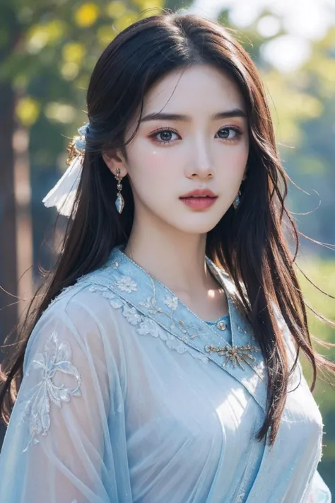 cinematic photo 1girl,brown eyes,(black long straight hair:1.2),(cowboy shot:1.2),looking at viewer,8k uhd,dslr,soft lighting,high quality,film overlay,film grain,Fujifilm XT3,outdoors,photorealistic,realistic,solo,upper body,richly defined face,dewy skin,products shot,(high detailed skin:1.2),detailed face and eyes,natural skin texture,highly detailed skin,textured skin,skin pores,imperfect skin,visible skin detail,detailed skin texture,dynamic pose,windy,young beauty,(hanfu,Extremely detailed blue chinese long embroidery silk robe),(transparent clothes:1.4),earrings,hairpin,necklace,architecture,east asian,riverside,forest,outdoors,sun light,<lora:detail_slider_v4:3>,<lora:naganomei_lora-06:0.5>,
