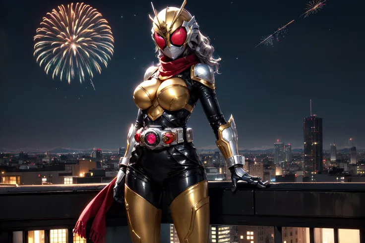 ((masterpiece,best quality)), absurdres, kamen rider,tokusatsu,1girl,(((solo))), mature female,[large breasts], looking at viewer, cowboy shot, cinematic composition, ((on rooftop,ledge, city background, night, sky,fireworks)), feminine pose,silver armor,golden belt,glowing eyes <lyco:GoodHands-beta2:1.0> full body shot,  <lora:add_detail:0.6> <lora:ShowaRider:0.7>,wavy scarf