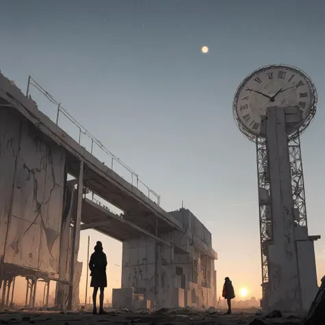 A huge cracked clock hangs in the air, Person standing on a cold and deserted planet, looking at 2 distant suns in the background.