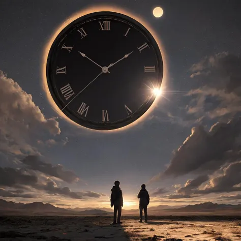 A huge cracked clock hangs in the air, Person standing on a cold and deserted planet, looking at 2 distant suns in the background.