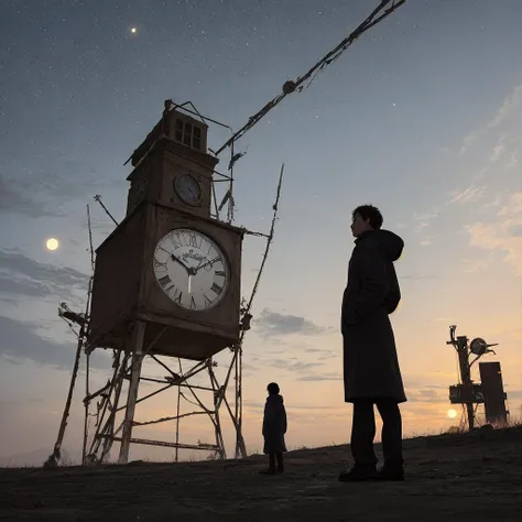 A huge cracked clock hangs in the air, Person standing on a cold and deserted planet, looking at 2 distant suns in the background.