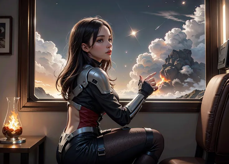 a woman sitting on a chair in front of a large window with a view of a fiery red and blue star, Eve Ryder, mass effect, concept art, space art, epic sci-fi artwork, looking out of the window <lora:epiCRealismHelper:1> <lora:SDXLrender_v1.0:0.6> <lora:popular:1>