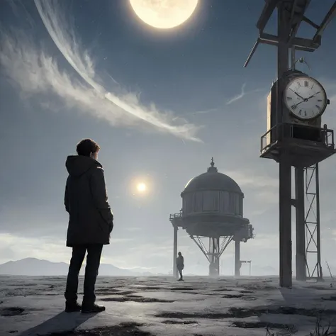 A cracked clock hangs in the air, Person standing on a cold and deserted planet, looking at 2 distant suns in the background.