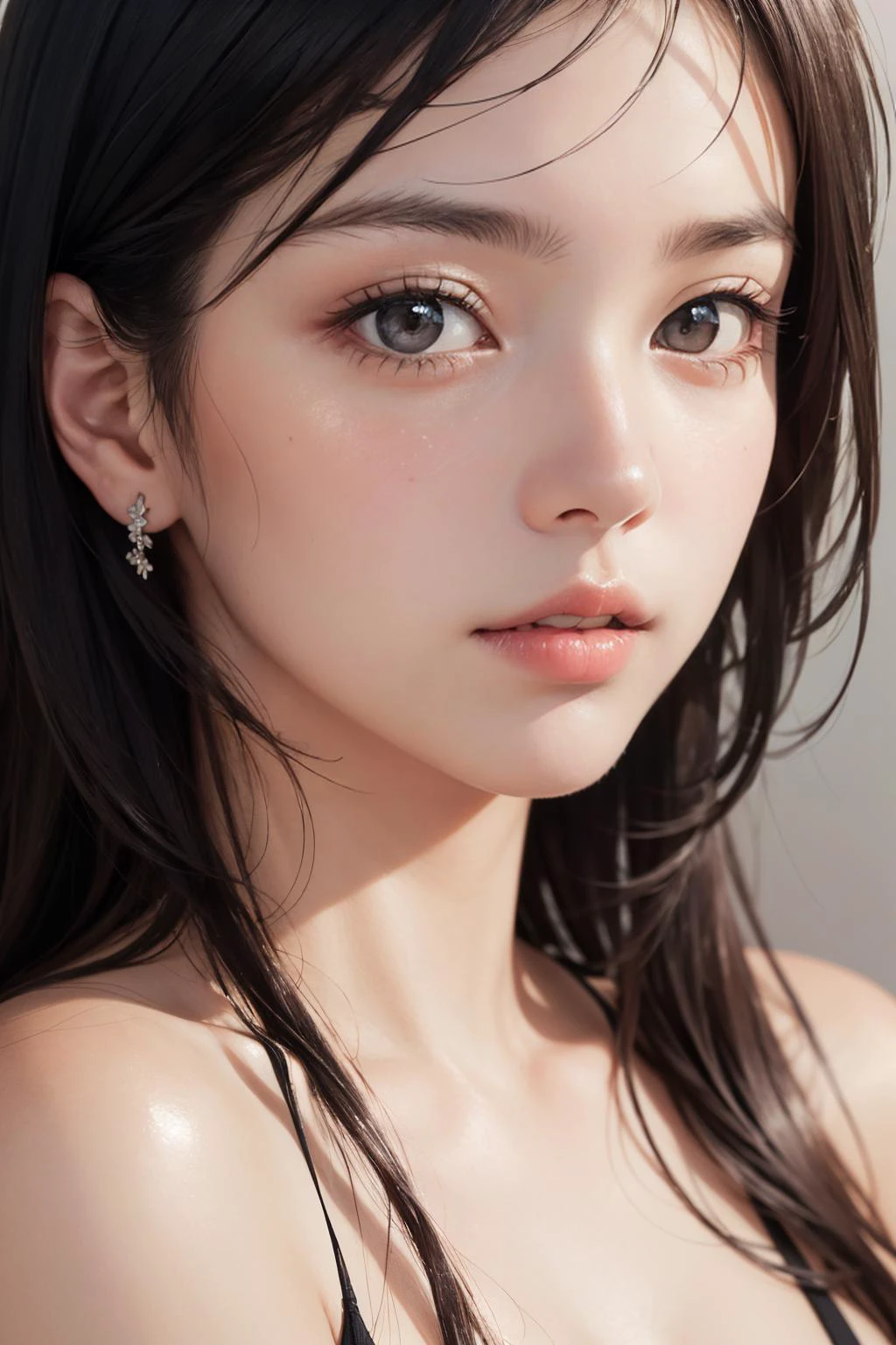 1girl, (close up:1.2), oblique angle, canted angle, best quality, masterpiece, illustration, photorealistic, (realistic:1.4), photo-realistic, RAW photo, ultra-detailed, CG, unity, 8k wallpaper,16k wallpaper, extremely detailed CG, extremely detailed, an extremely delicate and beautiful, extremely detailed, Amazing, finely detail, official art, High quality texture, incredibly absurdres, highres, huge filesize, highres, look at viewer, (young:1.4), (beautiful detailed Japanese girl), 18 years old girl, (glossy shiny skin, beautiful skin, fair skin, white skin, realistic_skin), ((shiny black hair)), perfect face, detailed beautiful face, detailed light brown eyes, glossy lips,